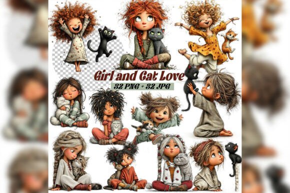 Download Whimsical Girl &amp; Cat Love Clipart Set - Girl Collection