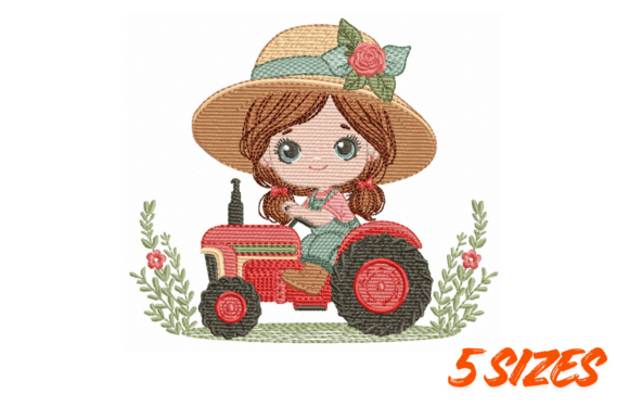 Download Cute Girl on Red Tractor Embroidery Art - Girl Collection