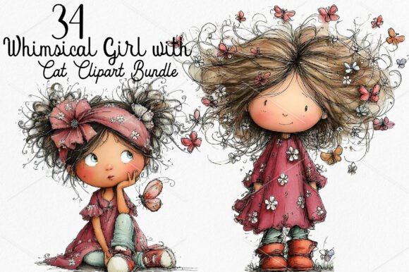 Download Whimsical Girl with Butterfly Clipart - Premium Bundle